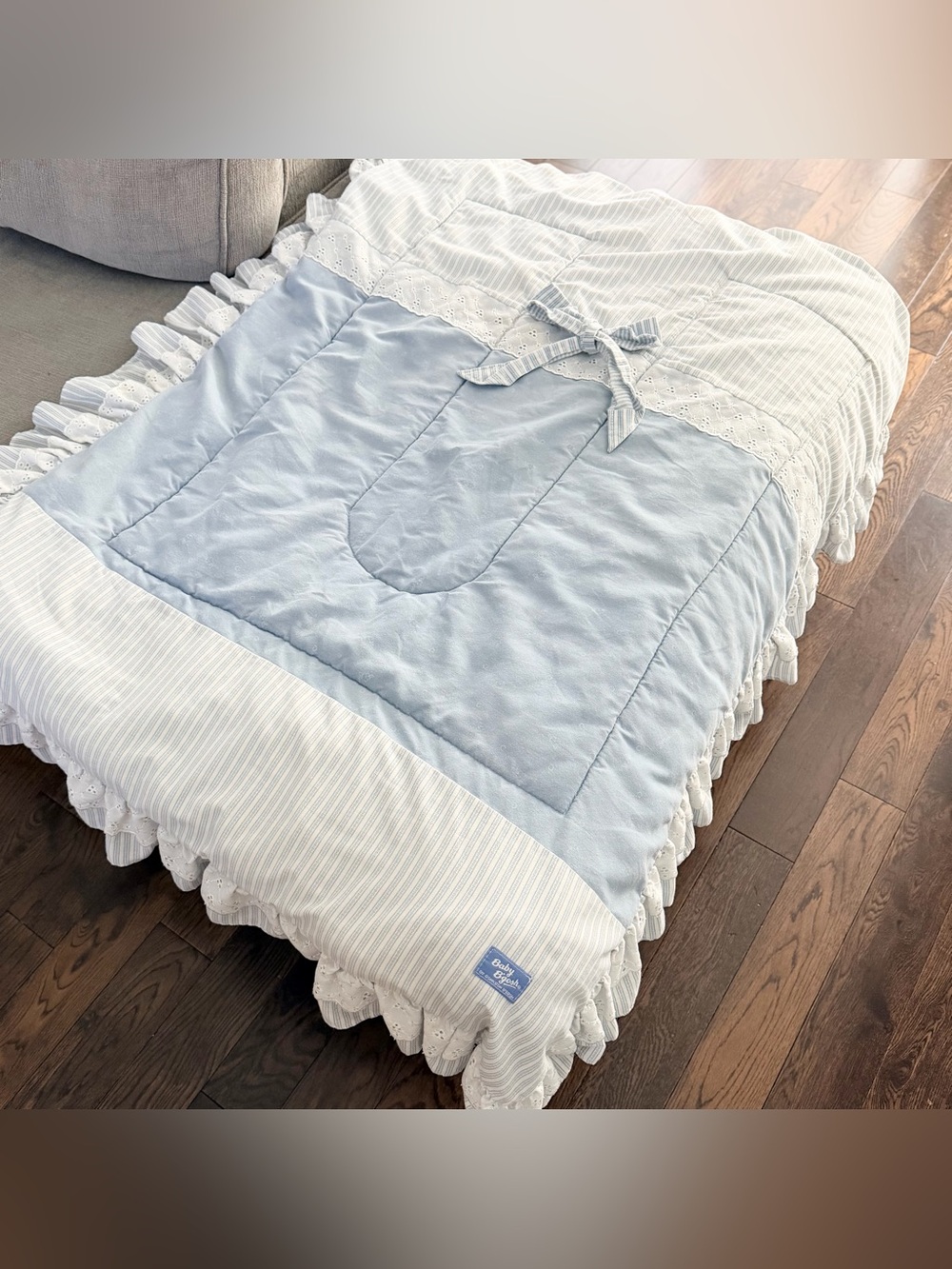 Vintage Baby B’gosh Reversible Quilt Blanket • Blue Pinstripe & Lace Ruffle